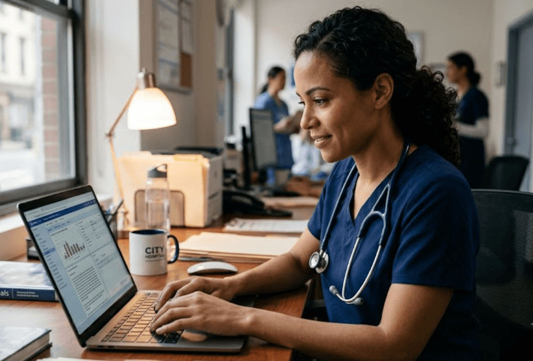 A clinician in scrubs dictating notes into a laptop at a clinic workstation.