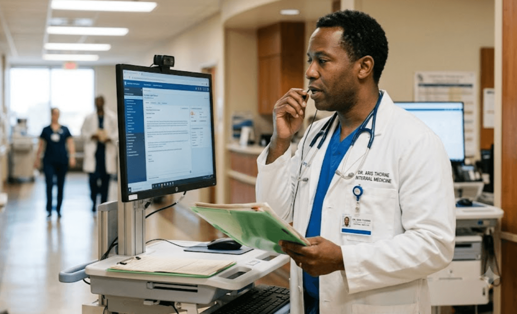 A physician in a white coat dictating into a headset at a hospital EHR workstation.