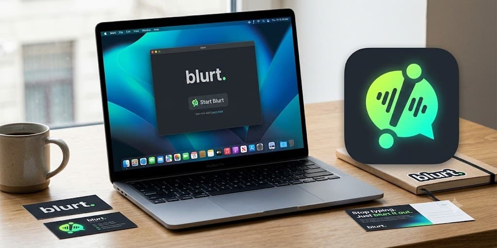 A MacBook on a desk running the Blurt dictation app, beside the Blurt app icon and business cards.